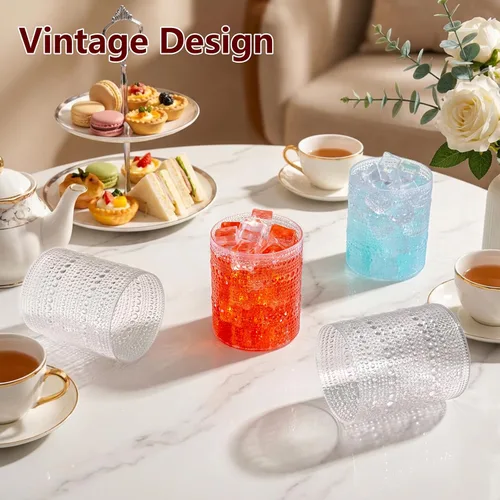 Miniatura 5 de YOUBET 24 Vasos de Plástico con Relieve para Beber - 14 Oz Vasos Transparentes Vintage - Cristalería Desechable con Cuentas para Jugo, Vino, Fiesta