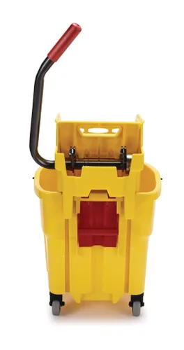 Miniatura 4 de Rubbermaid Commercial Products, WaveBrake - Cubo industrial comercial para fregona con prensa lateral en ruedas, 35 cuartos de galón, color amarillo