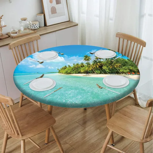 Miniatura 19 de Mantel con patrón de playa, borde elástico, impermeable, lavable, para uso en interiores y exteriores, patio, turquesa aguamarina, para mesas