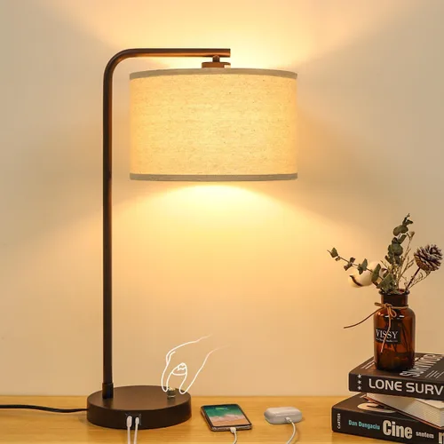 Miniatura 17 de Lámpara de mesita de noche Seaside village con puertos de carga USB C+A, lámpara de pie moderna de granja completamente regulable, lámpara de Roble
