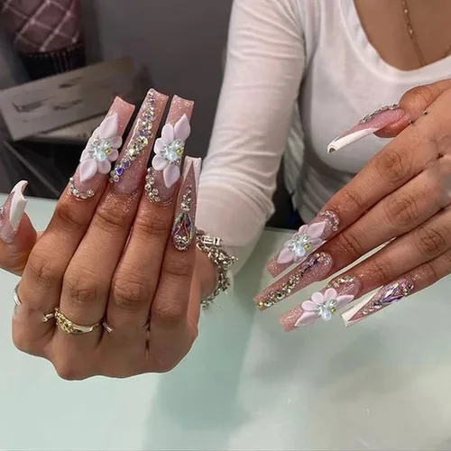 Miniatura 8 de 30 dijes de uñas con diseño de flores 5D, parte trasera plana en relieve, con diamantes de imitación, cristales de perla, gemas de diamante, joyas