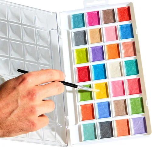 Juego de acuarela de 28 colores brillantes no tóxicos de fácil limpieza con pincel. La pintura brillante lavable es divertida, brillante y de secado