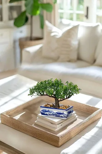 Miniatura 6 de Árbol bonsái artificial con maceta de porcelana azul y blanca, bonsái falso para decoración de escritorio de oficina en casa, decoración oriental