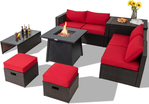 Miniatura 11 de Tangkula Juego de muebles de patio de 9 piezas con mesa para fogata de propano de 30 pulgadas, juego de sofá modular de mimbre de polietileno