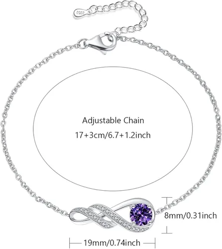 Miniatura 5 de LOCIBLO Pulseras de piedra natal para mujeres y niñas, plata de ley 925, oro blanco, colgante de infinito, regalo de aniversario, cumpleaños