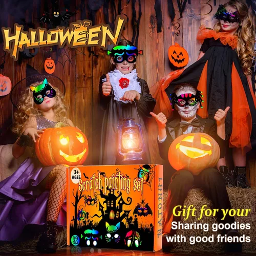 Miniatura 5 de Natonhi 32 piezas de manualidades de Halloween para niños, máscara para rascar arco iris, juegos de Halloween, arte y manualidades, kit de Halloween