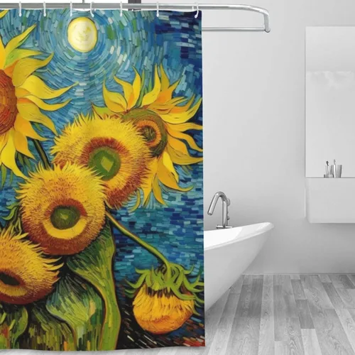 Miniatura 2 de Juego de cortina de ducha de girasol para baño, pintura al óleo, hojas verdes, flores, bohemio, tela amarilla abstracta, moderna, impermeable