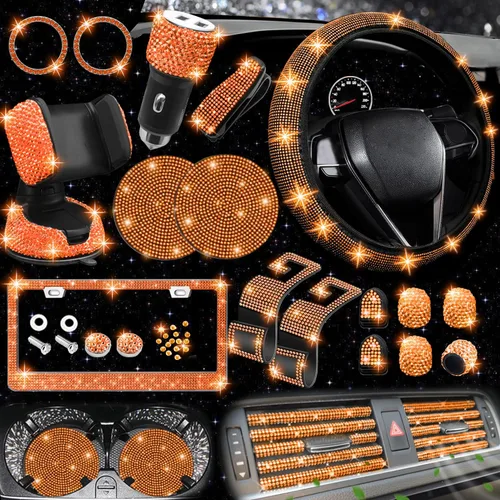 Miniatura 17 de NBTEPEM 27 piezas de juego de accesorios brillantes para auto en color aguamarina para mujeres, fundas para volante de ajuste universal de 15