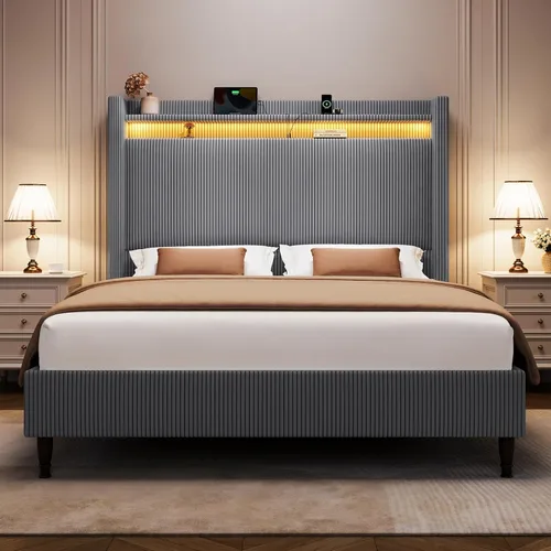 Miniatura 19 de Base de cama tamaño King con cabecera alta, base de cama tapizada con estación de carga y luces LED, moderna cabecera de almacenamiento con respaldo