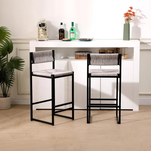 Miniatura 10 de Juego de 2 taburetes de bar modernos tapizados de piel sintética sin brazos con respaldo para bar en casa, comedor, isla de cocina, bistró, club