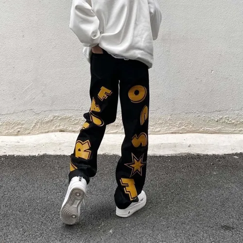 Miniatura 8 de Harajuku - Jeans para hombre con letras estampadas, rectos, holgados, para otoño e invierno, jeans engrosados, jeans góticos