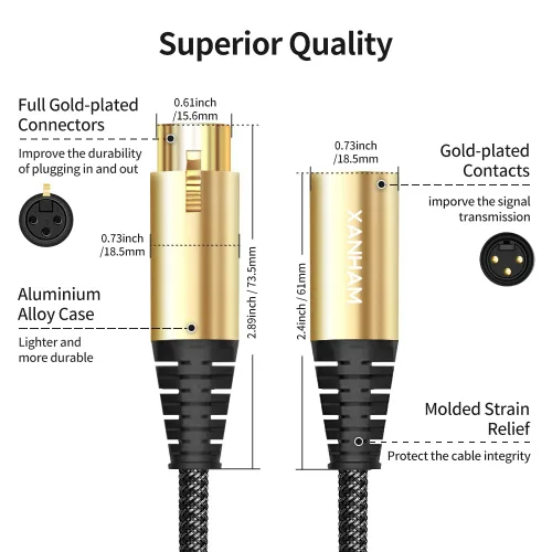 Miniatura 3 de Cable XLR de 3.3 pies/3.3 ft de micrófono de 3 pines hembra a macho, cable blindado equilibrado, trenzado de fibra con cable de micrófono de cobre