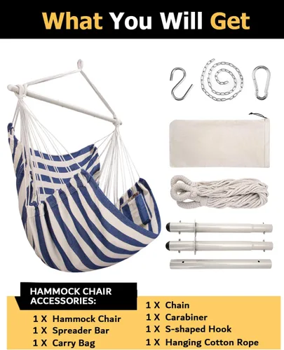Miniatura 6 de ADVOKAIR Silla hamaca colgante silla columpio de cuerda XXL – Máximo 500lbs, silla hamaca columpio grande de 70in – Barra separadora de acero
