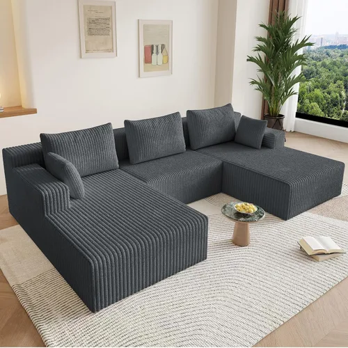 Miniatura 15 de Sofá modular Cloud de 95 pulgadas con otomana, moderno sofá nube en forma de U con asiento profundo, cómodo sofá de pana de 3 plazas, sofá de espuma