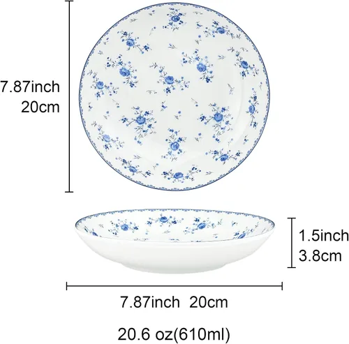 Miniatura 6 de fanquare Juego de 4 cuencos de ensalada de porcelana de 8 pulgadas, platos florales redondos para sopa, pasta, postre, fruta