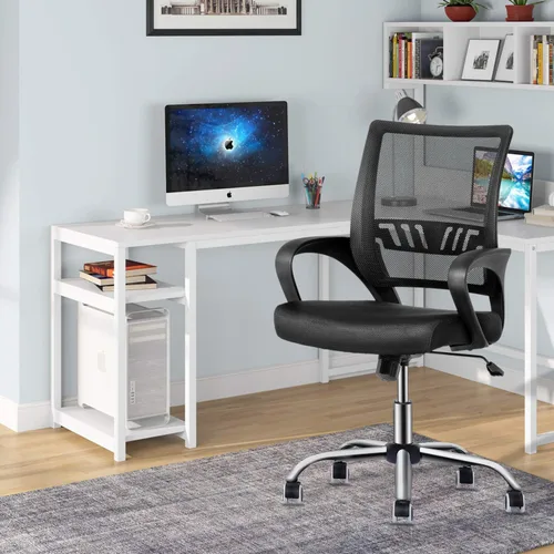 Miniatura 4 de MoNiBloom Silla de oficina de malla negra + alfombrilla para silla, silla giratoria ergonómica con respaldo medio con soporte lumbar y reposabrazos