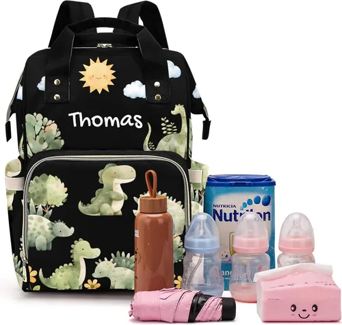 Miniatura 16 de Linda bolsa de pañales personalizada de dinosaurio tropical de gran capacidad para bebé, niño y niña, impermeable, con nombre personalizado, mochila