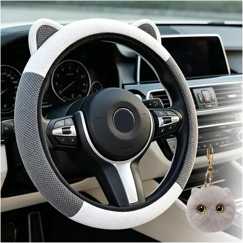 Miniatura 9 de Steering Wheel Cover with Ears Keychain Fit 14-15 inch Black Pink Cute Ears Car Steering Wheel Covers for Women Girls Elastic Breathable Steering