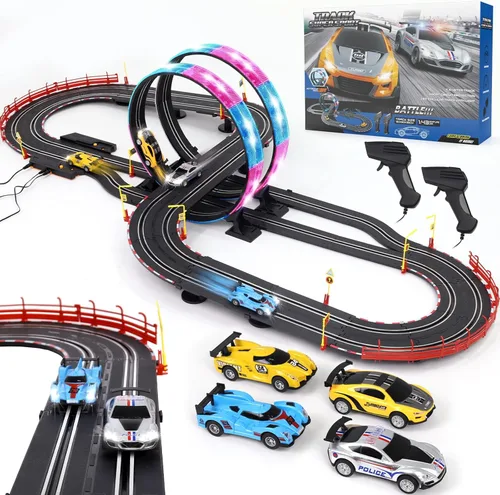 Conjuntos de pistas de carreras de autos de ranura con 4 autos de carreras de alta velocidad, pista de carreras eléctrica de 20 pies para niños y