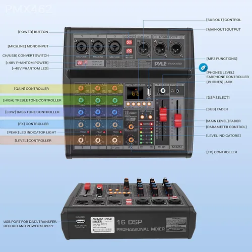 Miniatura 2 de Pyle Mezclador profesional de audio DJ - Controlador de 3 canales con 16 efectos DSP preestablecidos - Interfaz USB - 3 entradas de micrófono/línea