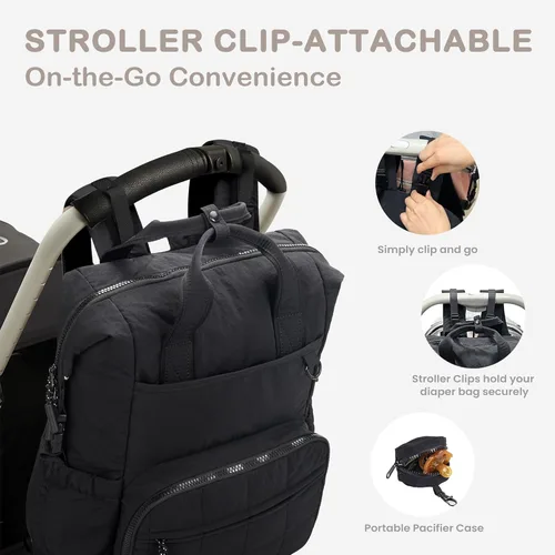 Miniatura 7 de VONAL Mochila para pañales, bolsas ligeras para pañales para bebé, bolsa de pañales grande de viaje con cambiador, mochila de pañales negra