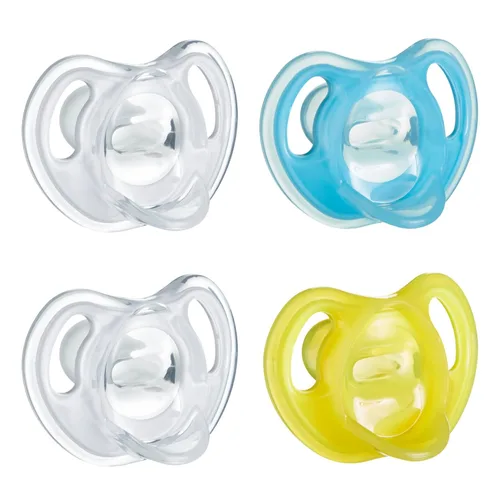 Tommee Tippee - Chupete de silicona ultraligero, 6-18 meses, diseño simétrico de una pieza, sin BPA, paquete de 4 unidades, colores