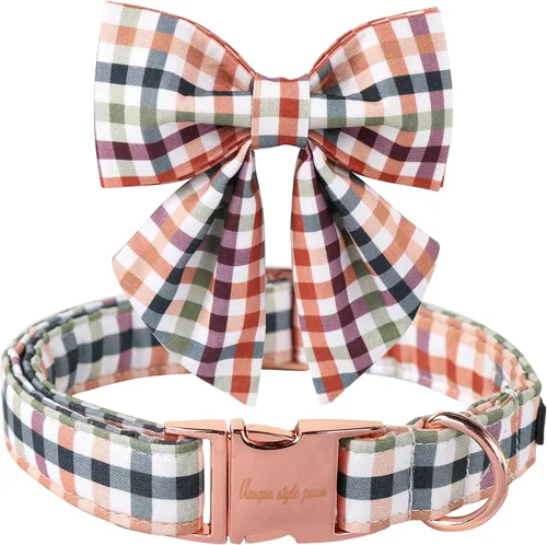 Miniatura 17 de Collar de perro de algodón con lazo floral a cuadros de Unique Style Paws, collar de perro colorido con lazo para perros pequeños, medianos y Plaid