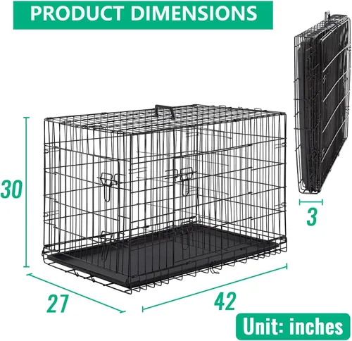 Miniatura 7 de FDW Jaula XL para perros con doble puerta, jaula plegable de alambre de metal de 42 pulgadas con bandeja extraíble y panel divisor, jaula para Negro