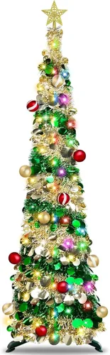 [Temporizador y 8 modos] Árbol de Navidad delgado iluminado de 6 pies, feliz año nuevo 2025 con 100 luces cambiantes blancas cálidas y multicolor,
