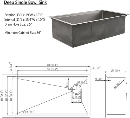 Miniatura 7 de Fregadero de cocina de montaje inferior, fregadero de cocina de acero inoxidable de 25 x 19 pulgadas, calibre 16, con estación de trabajo con tabla