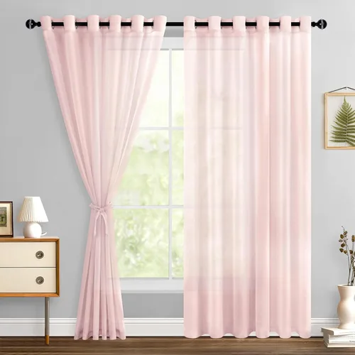Miniatura 169 de Hiasan - Cortinas traslúcidas de gasa cortas semitransparentes con ojales y alzapaños filtrantes de luz para ventana, dormitorio, baño, 2 paneles