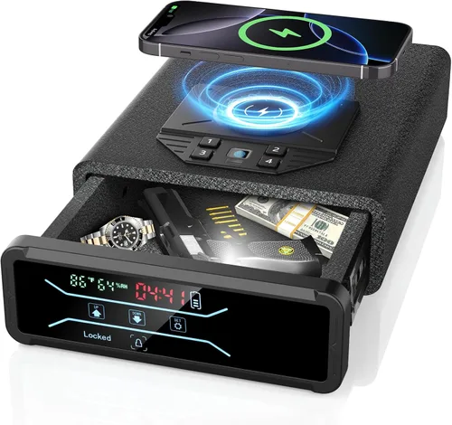 Caja fuerte para pistola de pistola, biométrica de acceso rápido con carga inalámbrica para reloj y teléfono, teclado de huellas dactilares 3 en 1,