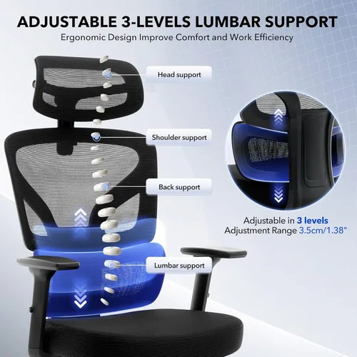 Miniatura 3 de Silla de oficina ergonómica - Silla de escritorio de malla para el hogar con soporte lumbar ajustable, silla de juegos de computadora con respaldo