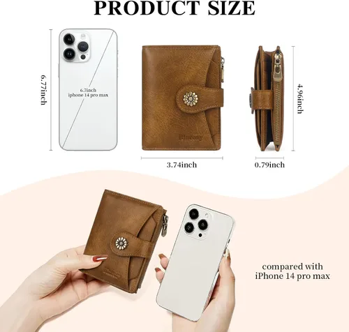 Miniatura 4 de Billetera para mujer, con bloqueo RFID, de piel de microfibra, compacta, plegable, con ventana de identificación extraíble (marrón)
