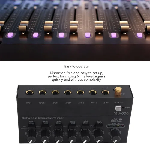 Miniatura 6 de Mezclador de sonido, mezclador de audio profesional, consola de tablero de sonido de bajo ruido, 6 canales, mezclador de línea estéreo para clubes