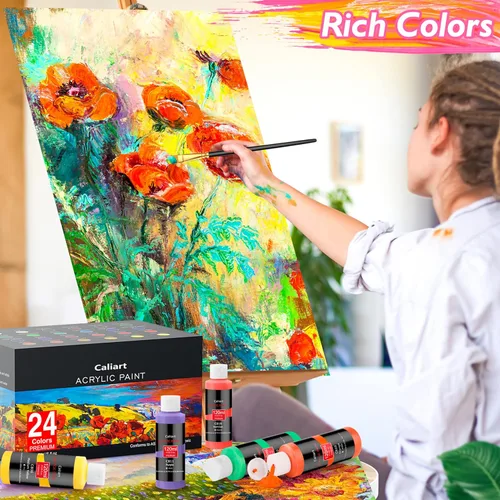 Miniatura 6 de Caliart Juego de pintura acrílica de 24 colores, botellas grandes de 4 onzas / 4.1 fl oz con 12 pinceles, kit de pintura artesanal para adultos