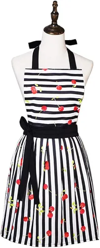 Encantador y cómodo Claccic Negro Rayas y Moda Cereza Falda Delantal Mujer Cocina Mujer Delantal para damas Niñas Esposa Hija (negro), Negro -