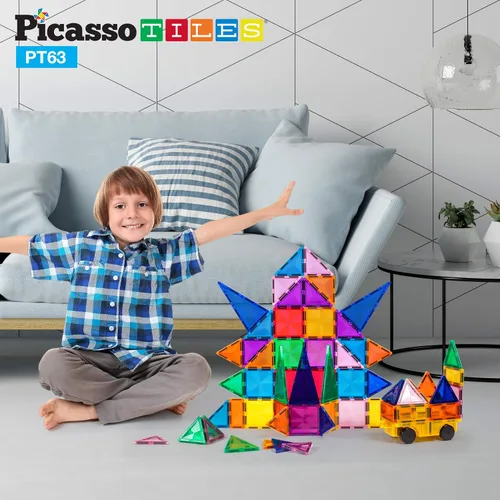 Miniatura 4 de PicassoTiles Juego de 63 piezas de azulejos magnéticos de diamante + 4 figuras de acción familiar, juego de juguetes de construcción de bloques