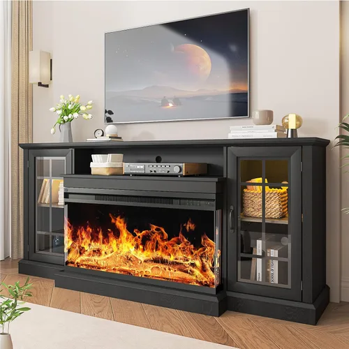 Miniatura 15 de oneinmil - Soporte de TV con chimenea de 59 pulgadas y vidrio en 3 lados para aparatos de hasta 65 pulgadas, centro de entretenimiento moderno