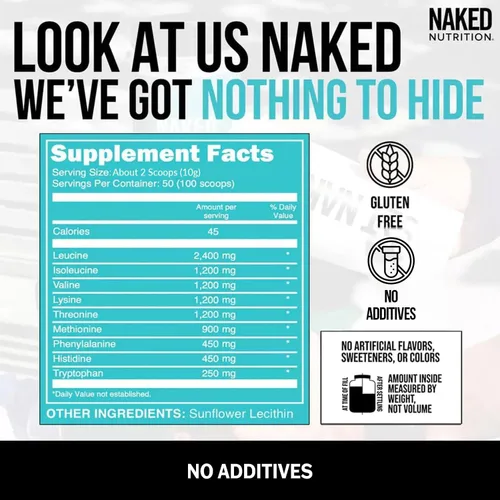 Miniatura 3 de NAKED EAAs Aminoácidos en polvo - 50 porciones - Aminoácidos esenciales veganos sin sabor 500 gramos - Suplemento de polvo EAAs instantáneos