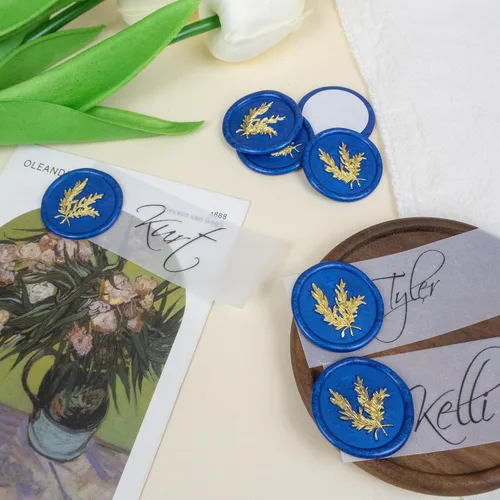 Miniatura 3 de 25 calcomanías de sello de cera dorada y azul hechas a mano, sellos autoadhesivos de cera para sobres para invitaciones de fiesta de boda, sobres