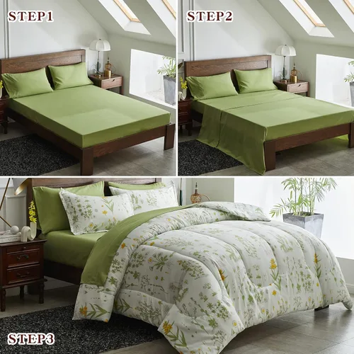 Miniatura 4 de Joyreap - Juego de ropa de cama tamaño individual completo en una bolsa, 6 piezas, diseño botánico de flores amarillas y hojas verdes, juego
