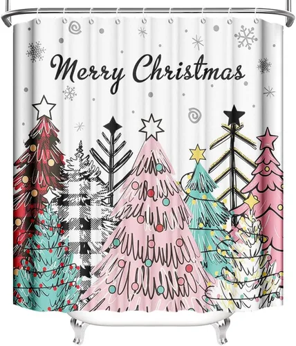 Miniatura 3 de MEHOFOND Cortina de ducha de Navidad rosa con árbol de Navidad, cortina de baño de tela impermeable con 12 ganchos, 72 x 72 pulgadas