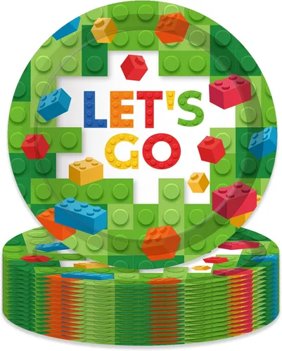 OXYLIPO Bloques de construcción de 9 pulgadas, platos de papel para celebrar fiestas, vajilla redonda desechable, juego de platos de papel para