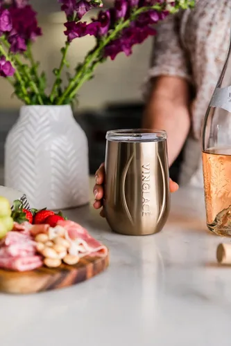 Miniatura 7 de Vinglacé Vaso de vino de acero inoxidable sin tallo - Vaso de vino aislado con inserción de vidrio y tapa para beber, 10 oz, color cobre