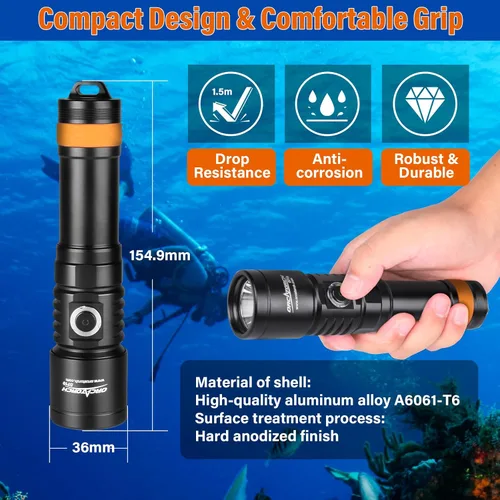Miniatura 5 de ORCATORCH D710 Luz de Buceo, Linterna Subacuática Super Brillante de 3000 Lúmenes con Haz Estrecho de 6 Grados, Antorcha de Buceo Nocturna Negro