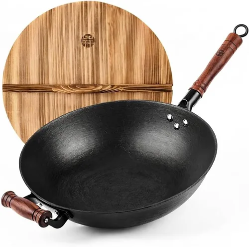 WANGYUANJI Olla de hierro fundido, wok chino de 13.4 pulgadas, wok de hierro de fondo plano con tapa, sartén adecuada para inducción, eléctrica,