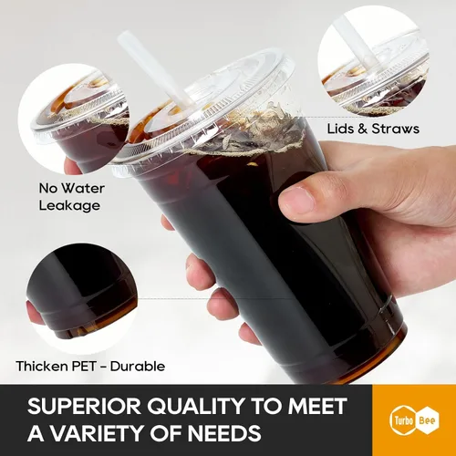 Miniatura 3 de Turbo Bee 200 juegos de vasos de plástico transparente de 24 onzas con tapas y pajitas, tazas de café helado desechables para llevar con tapas