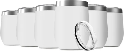 Miniatura 11 de Vaso de vino de 12 onzas con tapa, vaso de vino de acero inoxidable, vaso de vino de doble pared aislado al vacío, tazas de viaje sin tallo Blanco