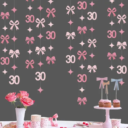 Miniatura 16 de Decoraciones de cumpleaños negras con lazo del 30 aniversario, guirnalda de lazos coquette con purpurina, pancarta serpentina para mujeres